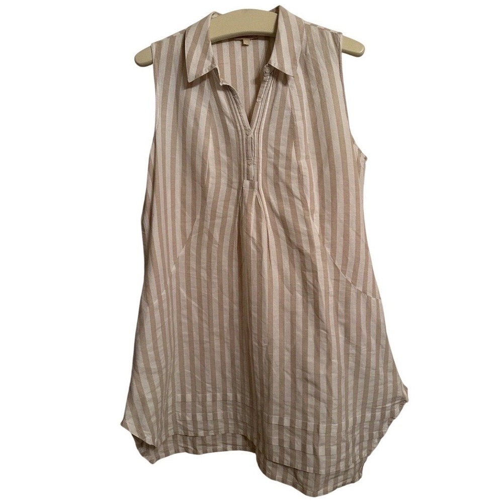 Hope & Harlow Tan White Striped Linen Blend Sleeveless Tunic Top Small‎ Pocket